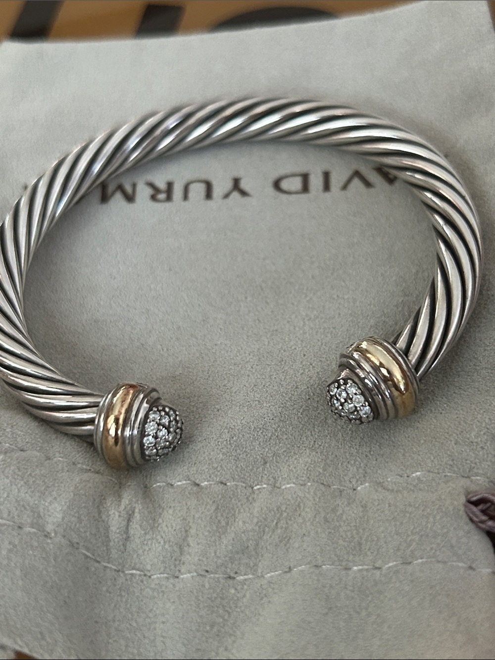 David Yurman Sterling Cable Bracelet with Yellow Gold and Diamond Terminals - Picture 5 of 6